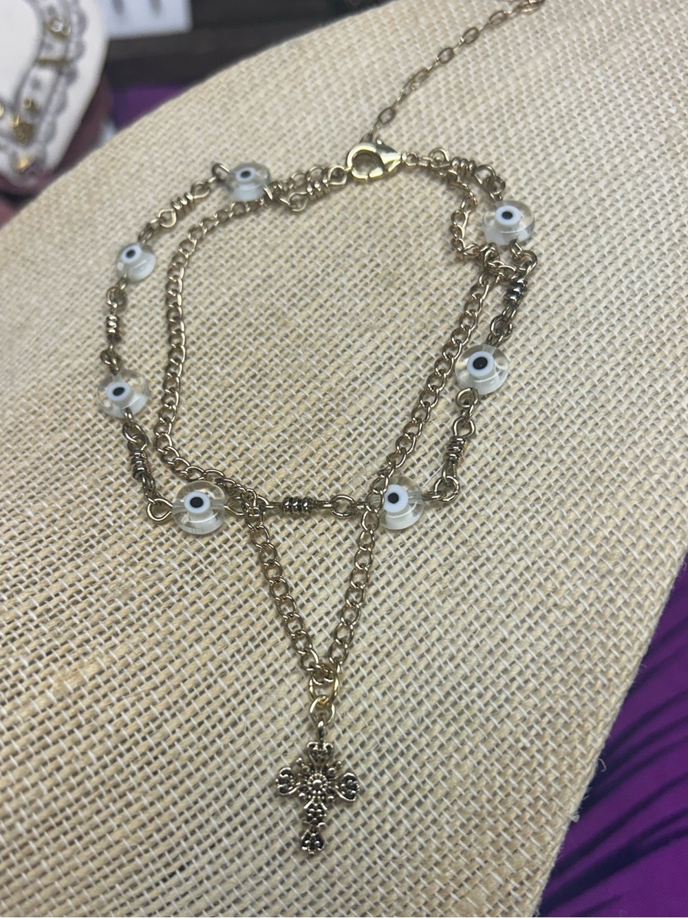 Free People Style Evil Eye Cross Layered Anklet Gold Tone